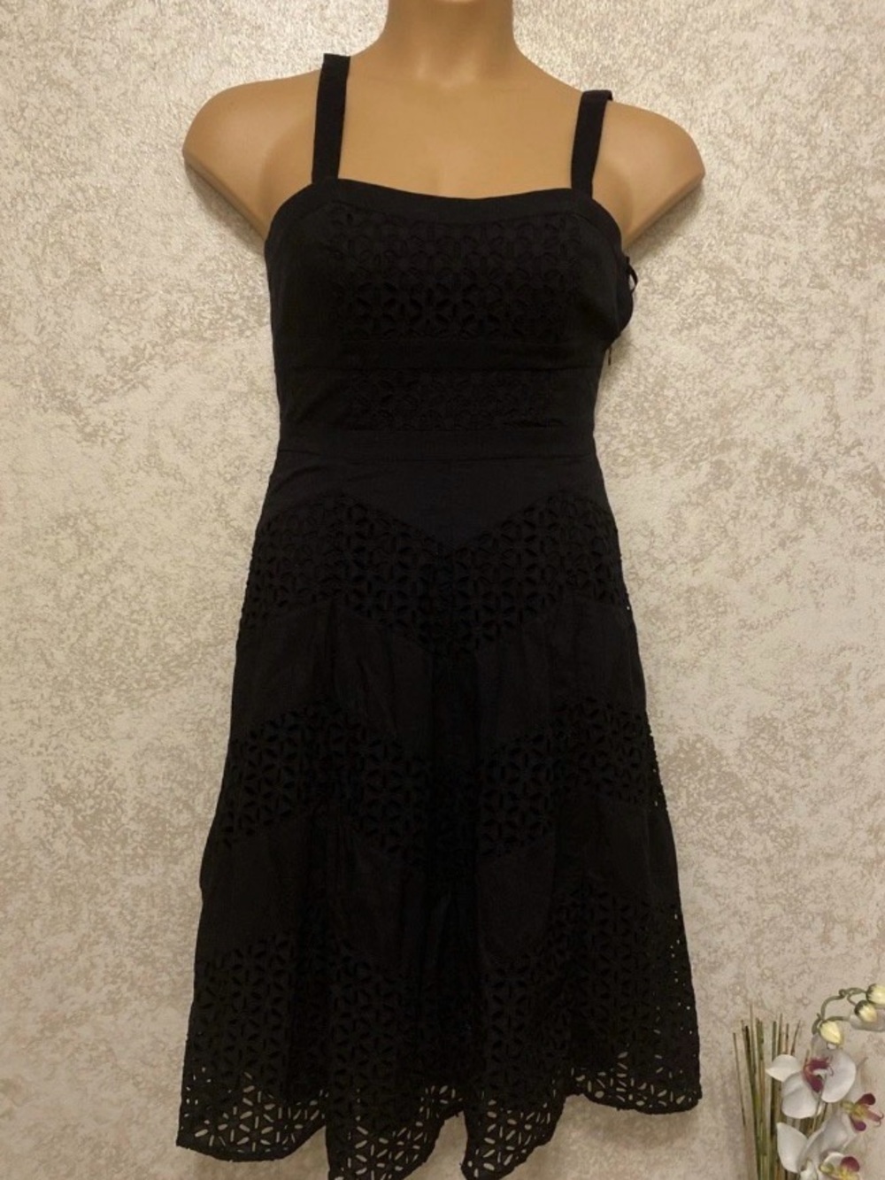 White House Black Market Black Eyelet Convertible Strap Midi Dress